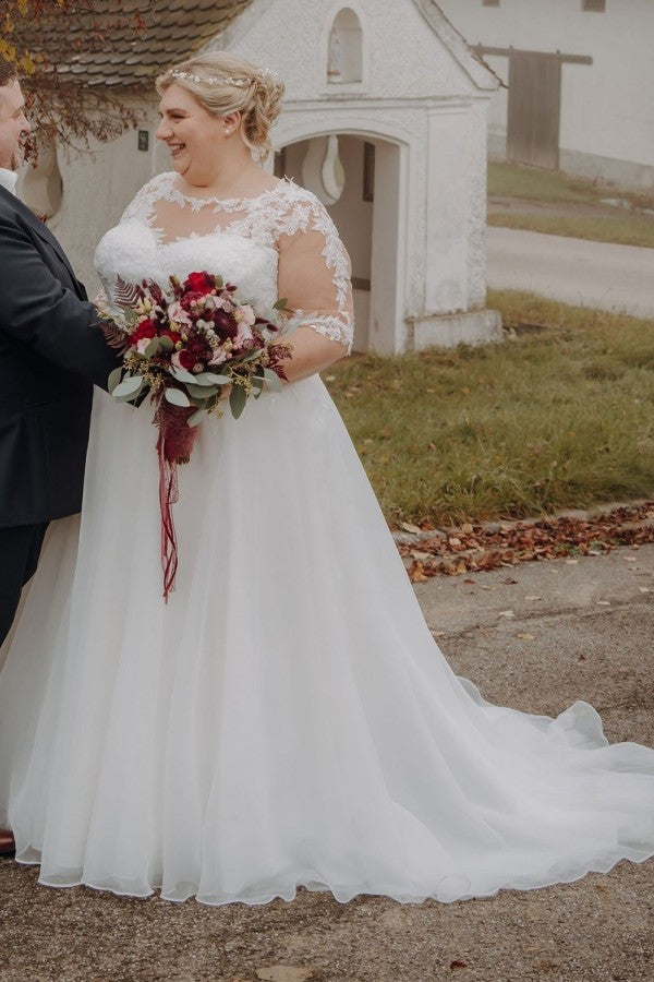 Plus Size Wedding Dresses Half Sleeves Tulle Lace Aline Dress for Bride