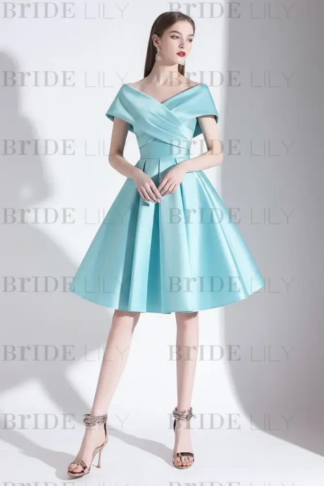 Off-the-Shoulder Knee-Length Evening Dress A-Line V-Neck Pleated Satin Cocktail Dress Little Black Dress