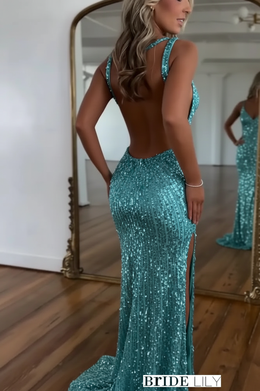Glitter Sequins Sleeveless V Neck Prom Dress Long with Split