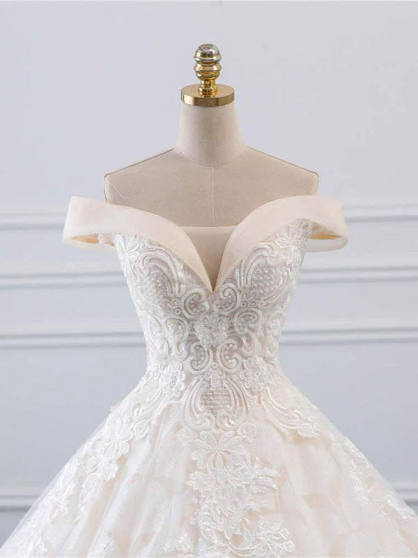 Popular Off-the-Shoulder Lace-Up Ball Gown Wedding Dresses