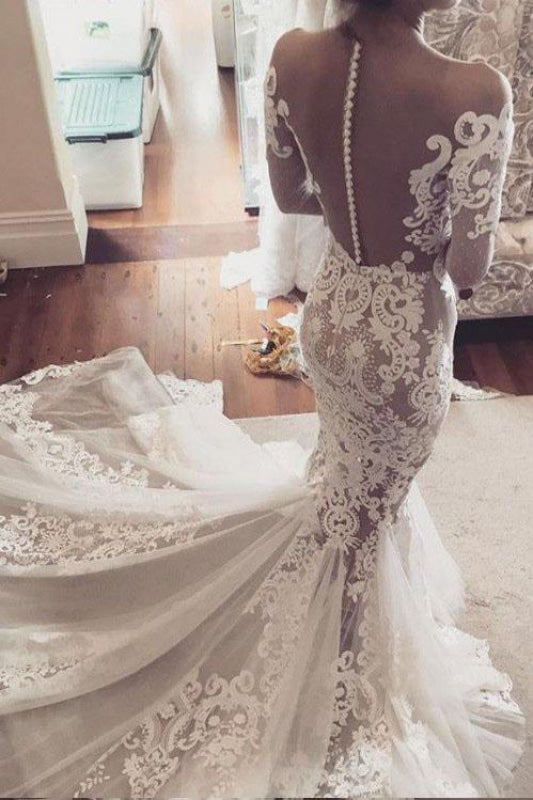 Pretty Mermaid Lace Appliques Long Sleeves Sheer Tulle Wedding Dress