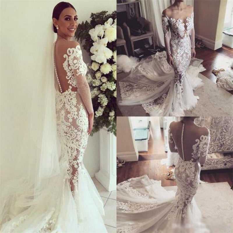 Pretty Mermaid Lace Appliques Long Sleeves Sheer Tulle Wedding Dress