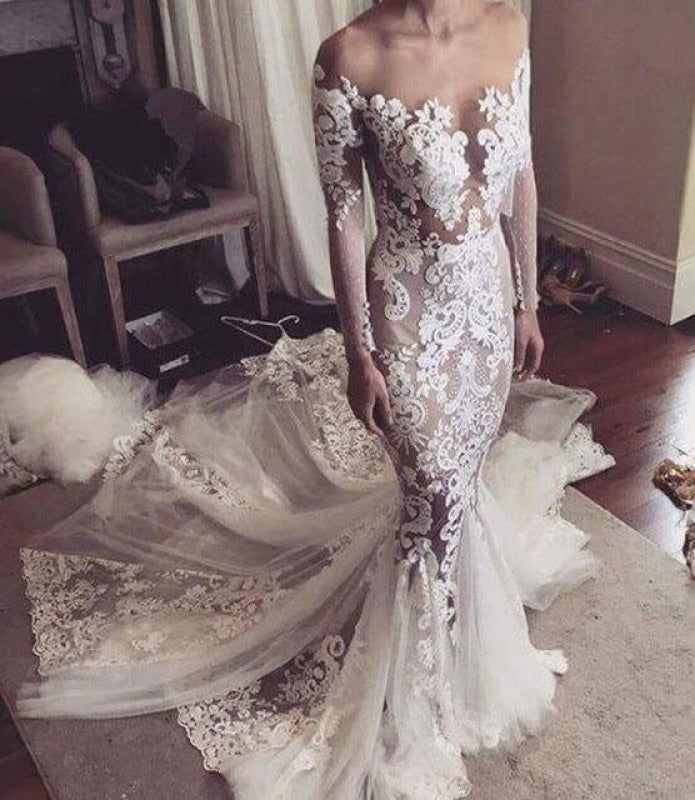 Pretty Mermaid Lace Appliques Long Sleeves Sheer Tulle Wedding Dress