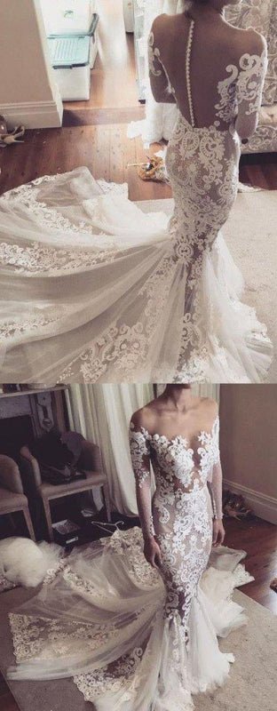 Pretty Mermaid Lace Appliques Long Sleeves Sheer Tulle Wedding Dress