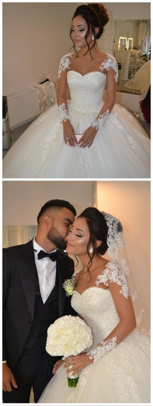 Pretty Sheer Long Sleeves Ivory Lace Appliques Wedding Dress