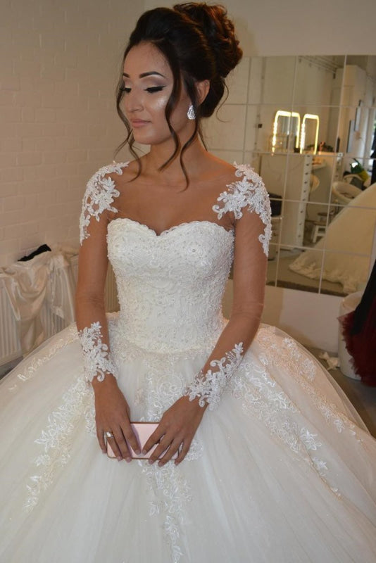 Pretty Sheer Long Sleeves Ivory Lace Appliques Wedding Dress