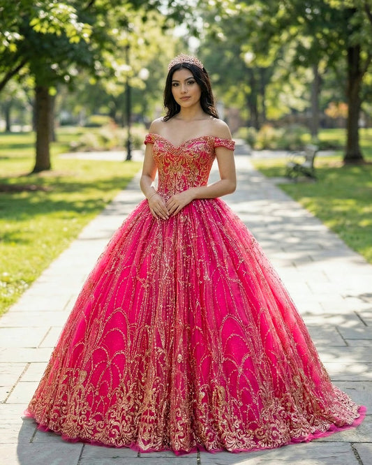 Quinceanera Dress Princess Off-the-Shoulder Red Sequin Lace Ball Gown