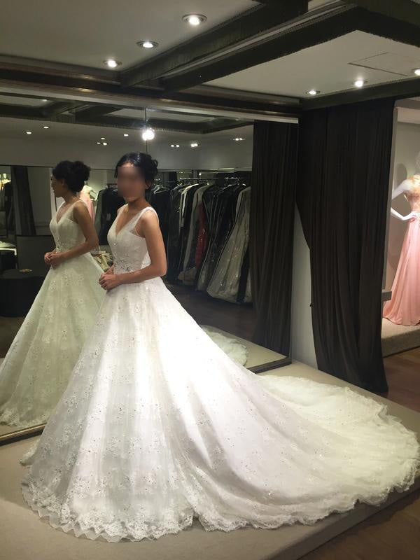 Princess V-neck Sleeveless Backless Court Train Lace Sexy Wedding Dress
