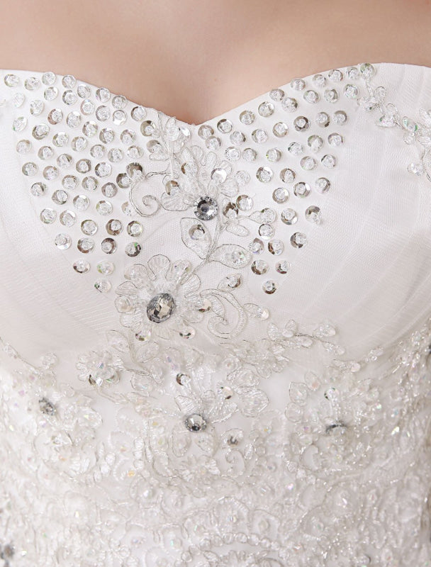 Princess Wedding Dresses Ivory Ball Gown Bridal Dress Strapless Sweetheart Lace Beaded Pleated Wedding Gown