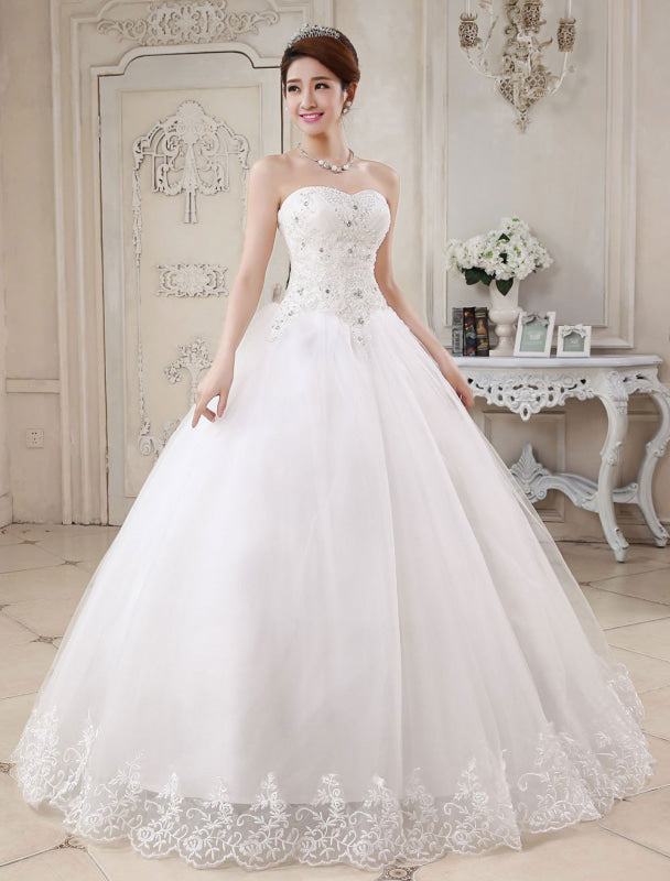 Princess Wedding Dresses Ivory Ball Gown Bridal Dress Strapless Sweetheart Lace Beaded Pleated Wedding Gown