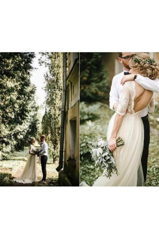 Puffy Half Sleeves Backless Floor Length Long Beach Wedding Dress