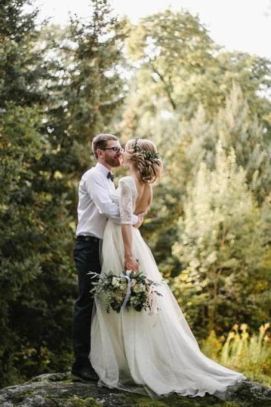Puffy Half Sleeves Backless Floor Length Long Beach Wedding Dress