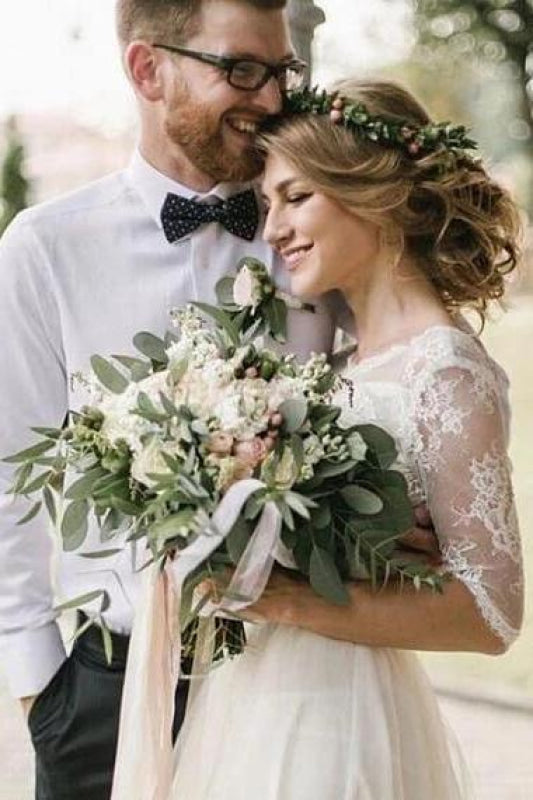 Puffy Half Sleeves Backless Floor Length Long Beach Wedding Dress