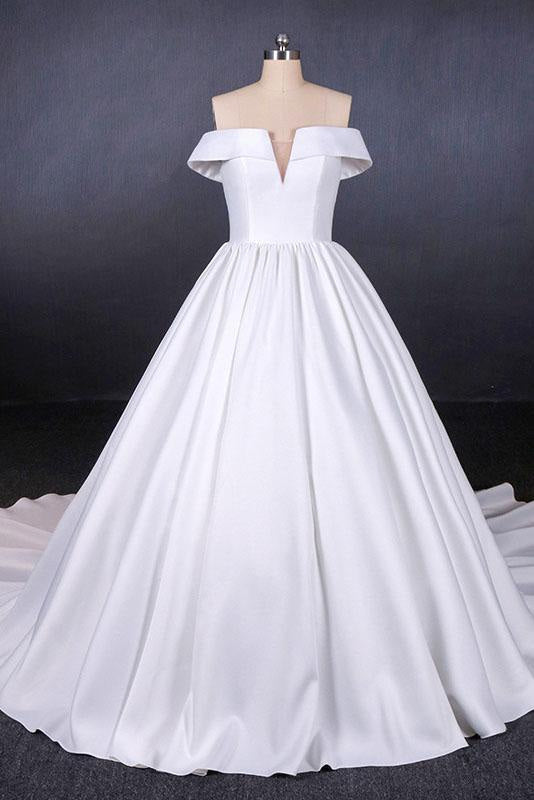 Puffy Off the Shoulder Satin Ball Gown Long Train Wedding Dress
