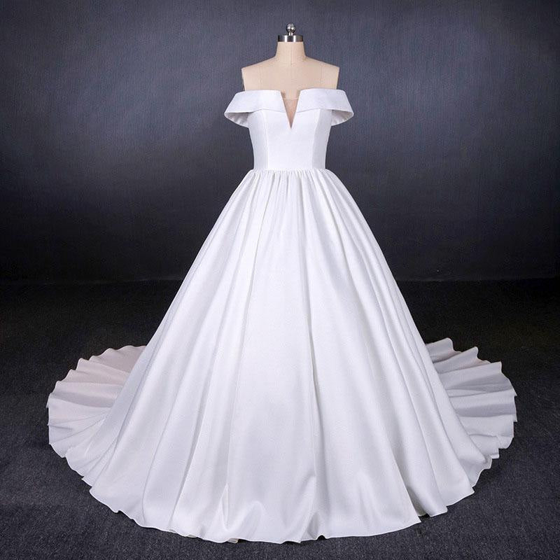 Puffy Off the Shoulder Satin Ball Gown Long Train Wedding Dress
