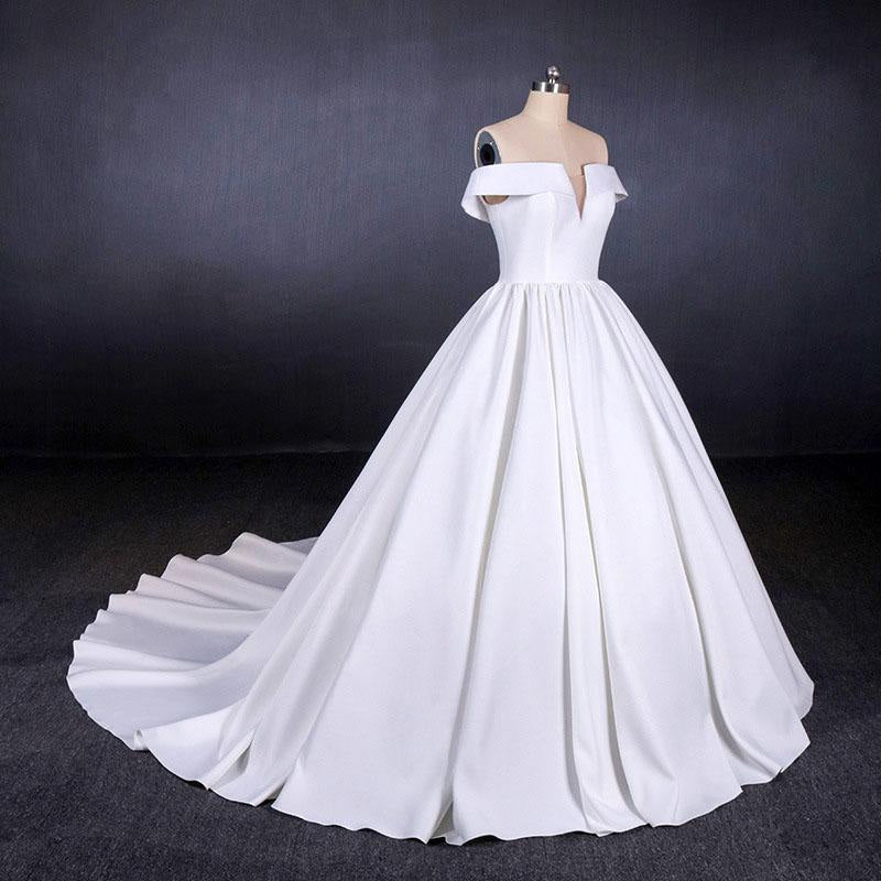 Puffy Off the Shoulder Satin Ball Gown Long Train Wedding Dress