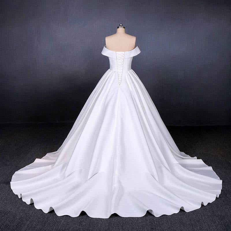 Puffy Off the Shoulder Satin Ball Gown Long Train Wedding Dress