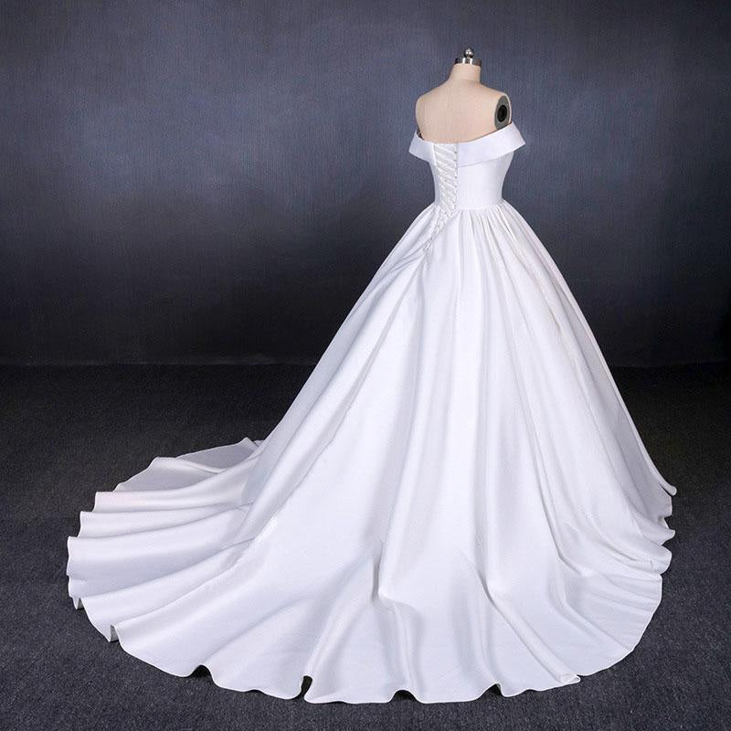 Puffy Off the Shoulder Satin Ball Gown Long Train Wedding Dress