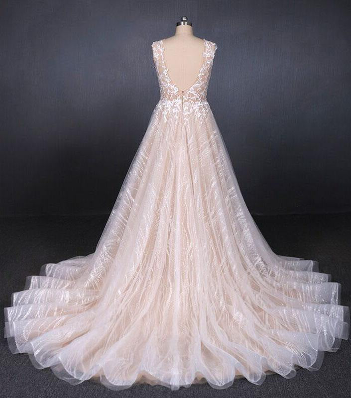 Puffy Sleeveless Lace Elegant A Line Backless Wedding Dress