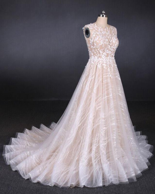 Puffy Sleeveless Lace Elegant A Line Backless Wedding Dress