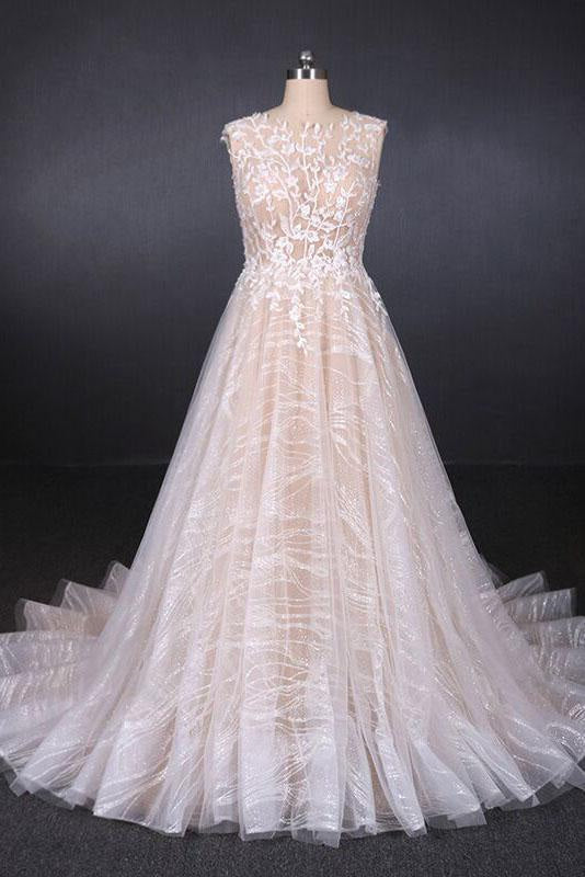 Puffy Sleeveless Lace Elegant A Line Backless Wedding Dress
