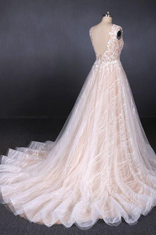 Puffy Sleeveless Lace Elegant A Line Backless Wedding Dress