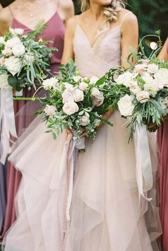 Puffy Spaghetti Straps V Neck Backless Asymmetrical Light Pink Long Wedding Dress