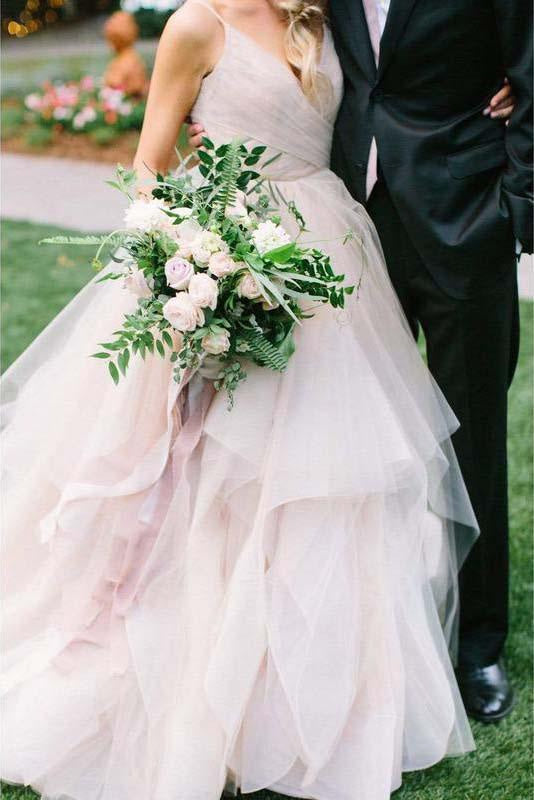 Puffy Spaghetti Straps V Neck Backless Asymmetrical Light Pink Long Wedding Dress