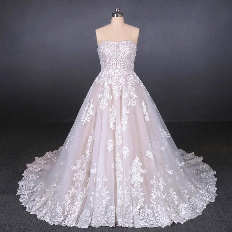 Puffy Strapless Tulle with Appliques Long Train Lace Up Wedding Dress