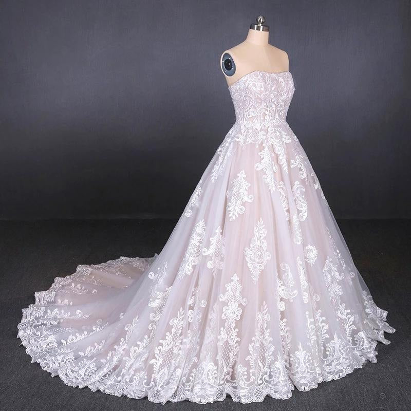 Puffy Strapless Tulle with Appliques Long Train Lace Up Wedding Dress