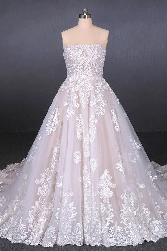 Puffy Strapless Tulle with Appliques Long Train Lace Up Wedding Dress