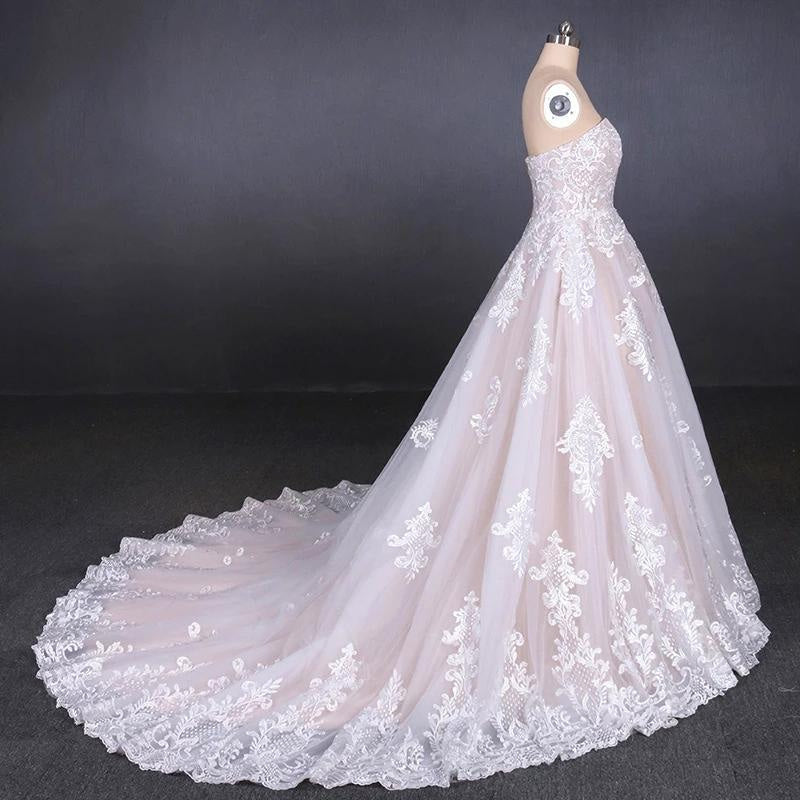 Puffy Strapless Tulle with Appliques Long Train Lace Up Wedding Dress