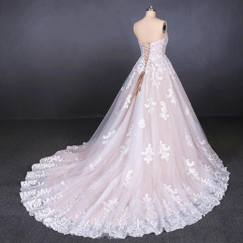 Puffy Strapless Tulle with Appliques Long Train Lace Up Wedding Dress