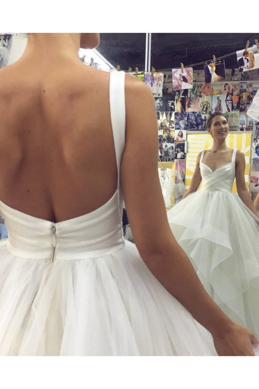 Puffy Straps Long Beach Unique Cascading Ruffles Wedding Dress