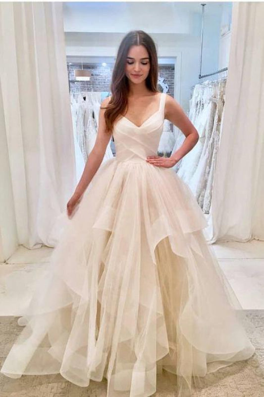 Puffy Straps Long Beach Unique Cascading Ruffles Wedding Dress