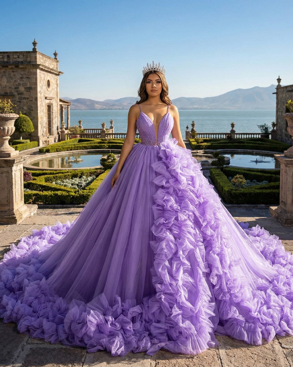 Purple A-line V Neck Tulle Ball Gown Purple Princess Dress