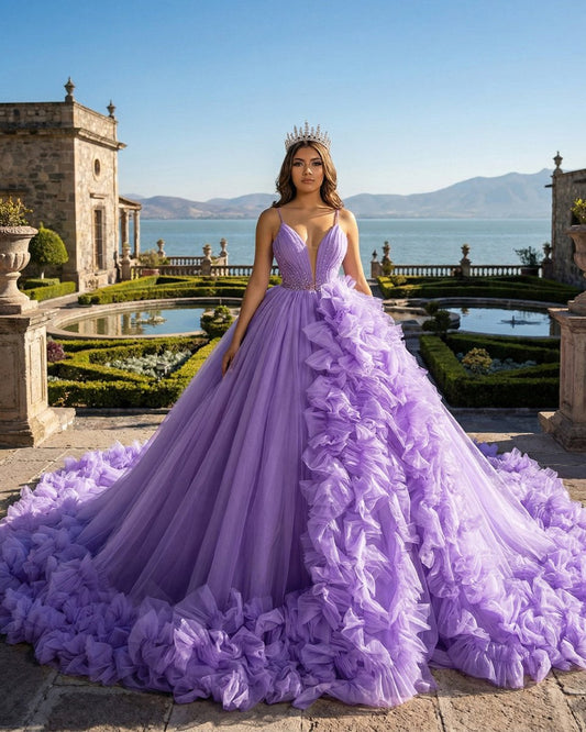 Purple A-line V Neck Tulle Ball Gown Purple Princess Dress