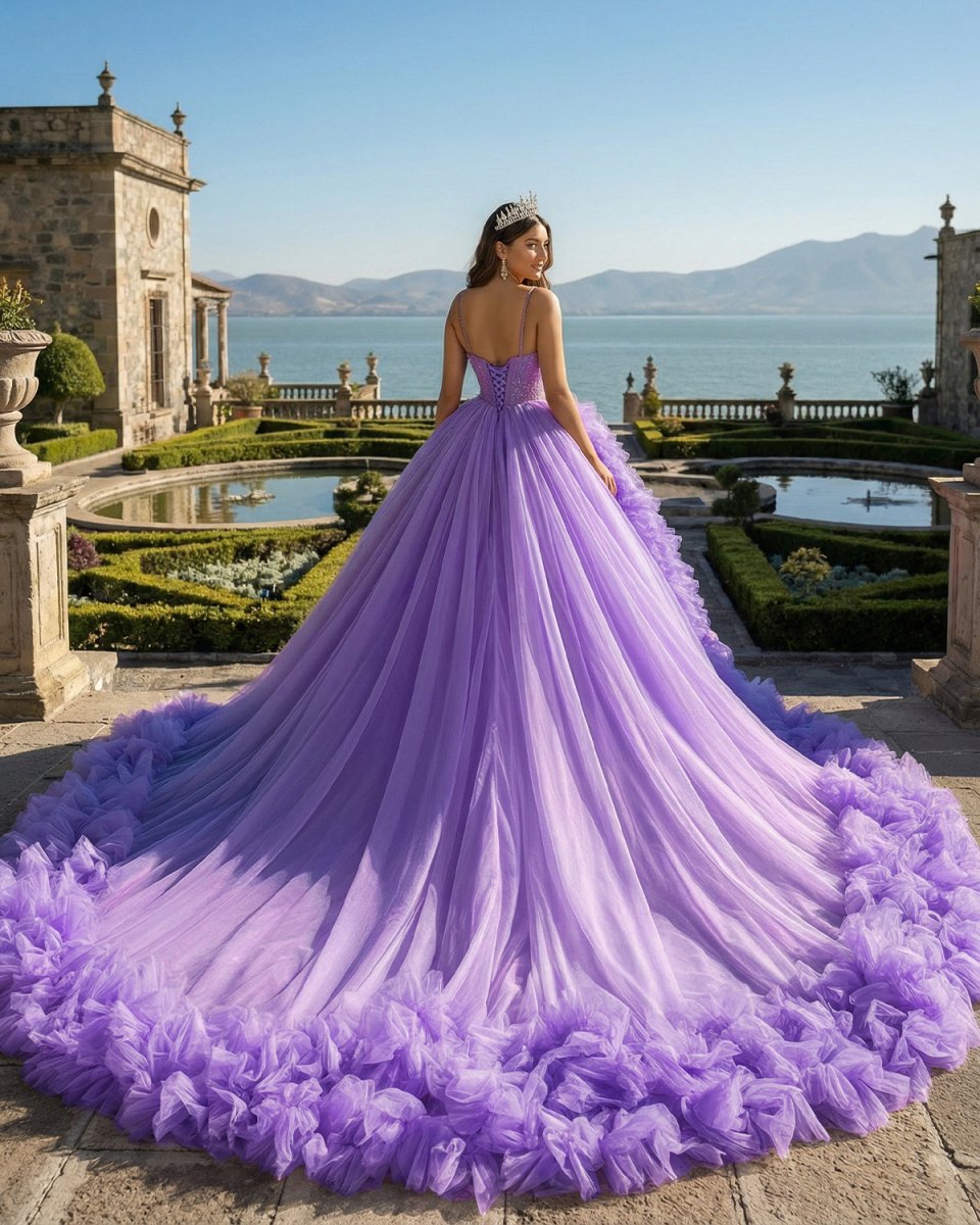 Purple A-line V Neck Tulle Ball Gown Purple Princess Dress