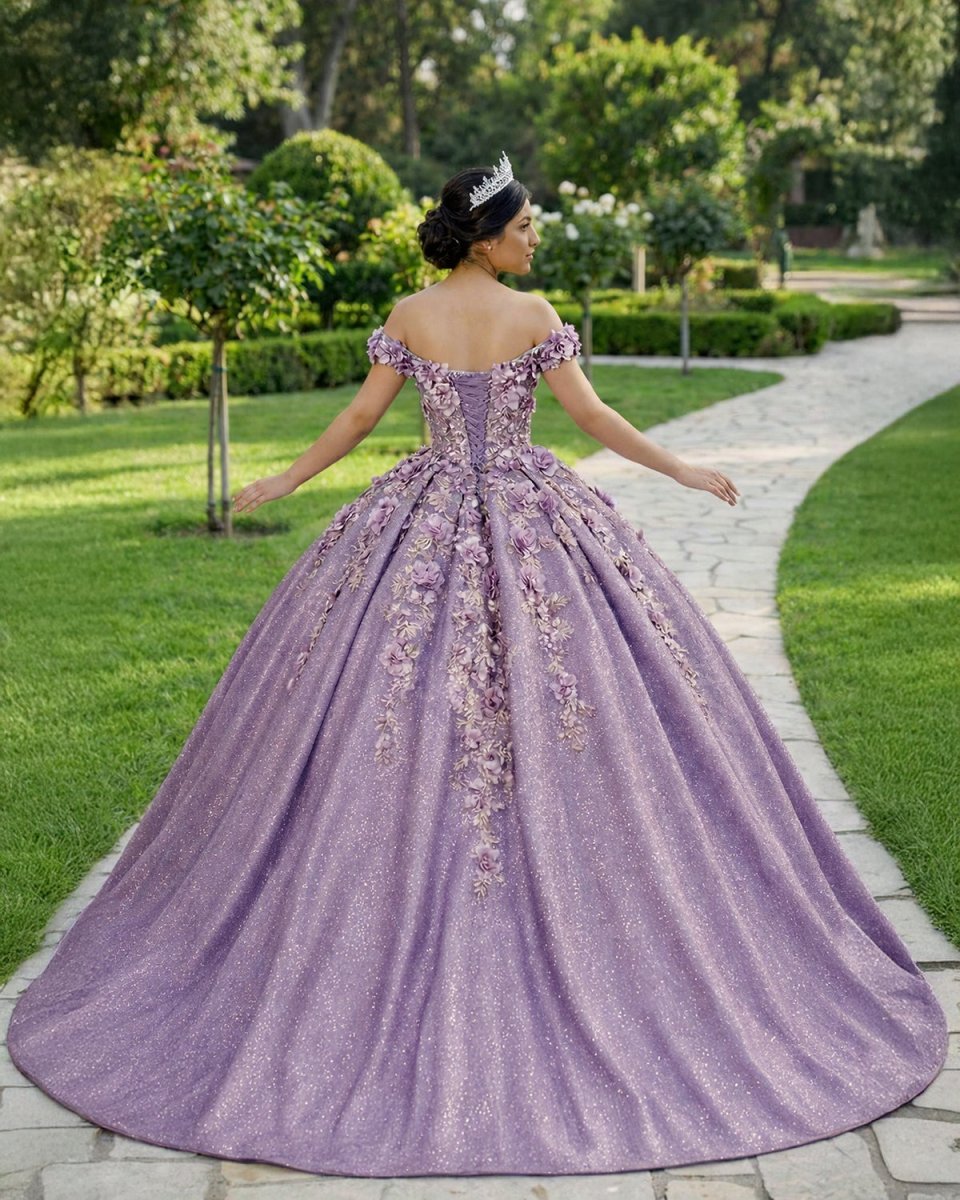 Purple Floral A Line Sequined Party Ball Gown