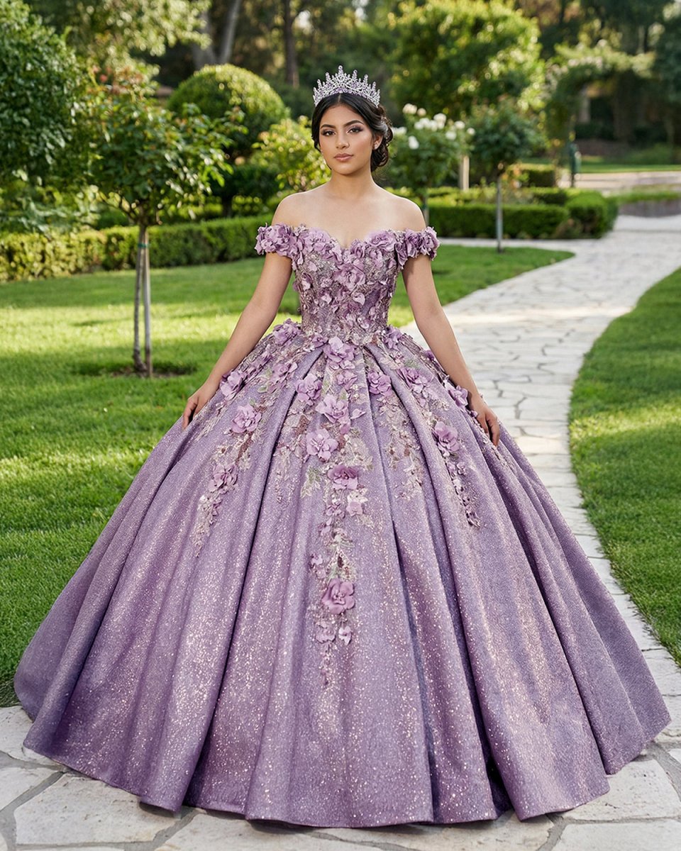 Purple Floral A Line Sequined Party Ball Gown
