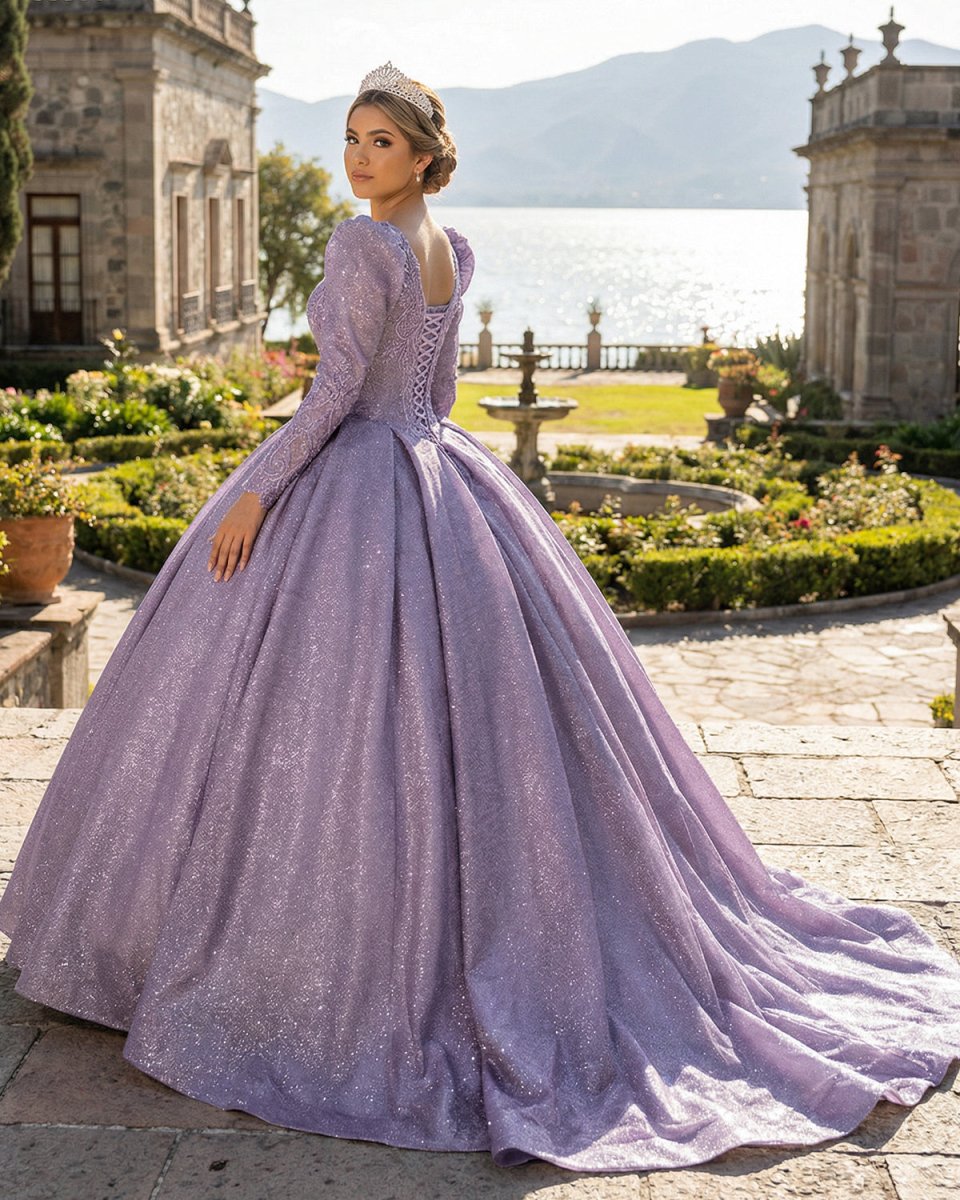 Purple Long Sleeve Full Gather Skirt A Line Party Ball Gown