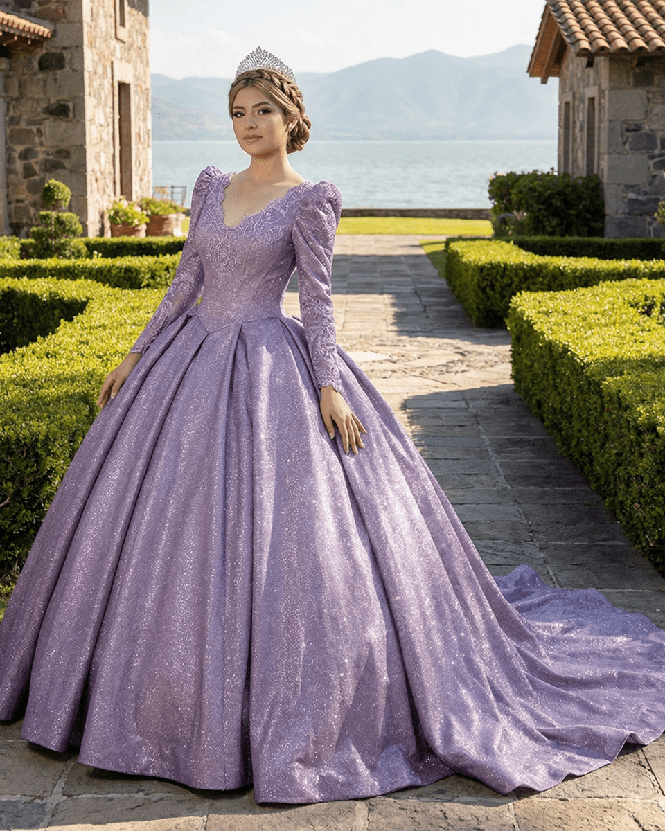 Purple Long Sleeve Full Gather Skirt A Line Party Ball Gown