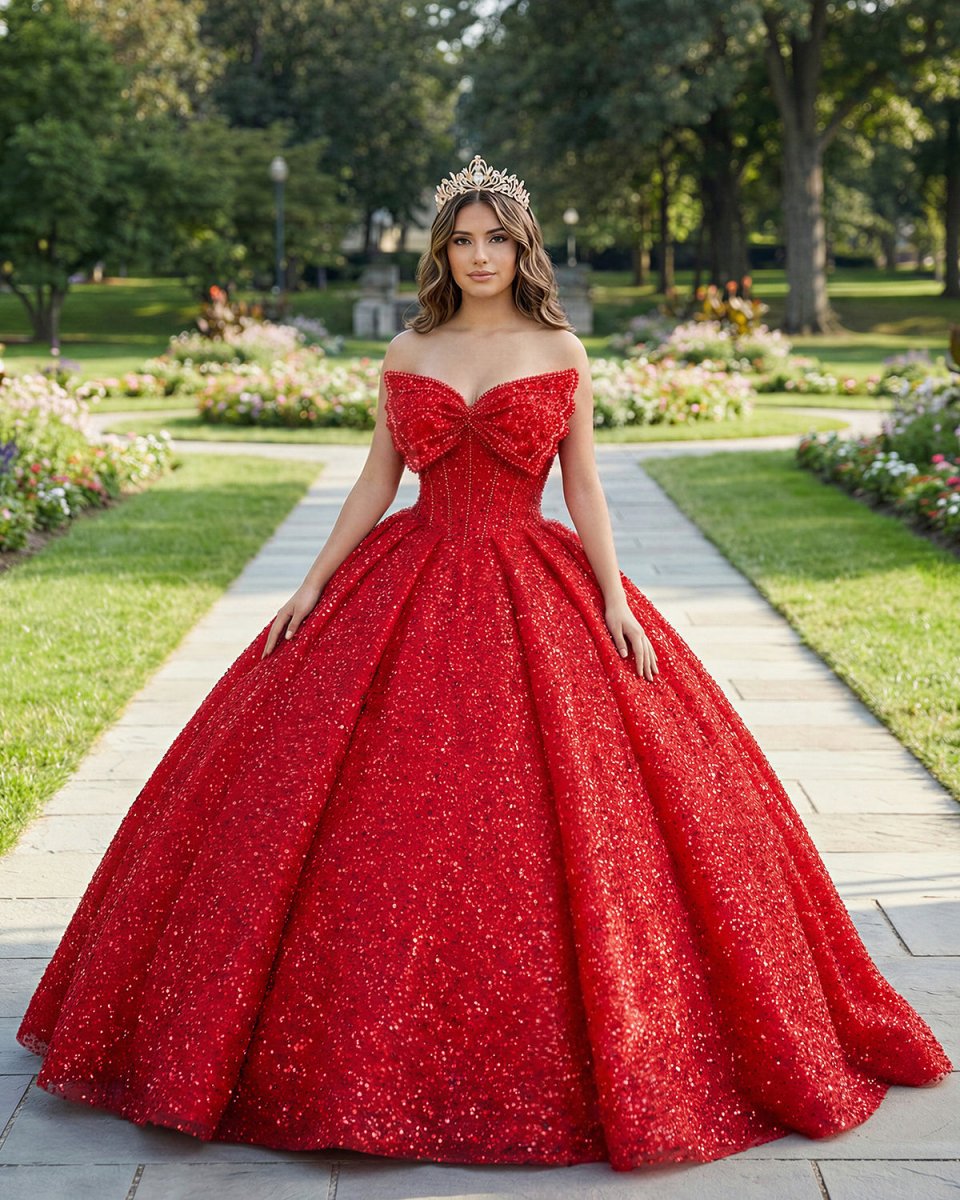 Quinceanera Ball Gown Red Sleeveless Sequined Dress