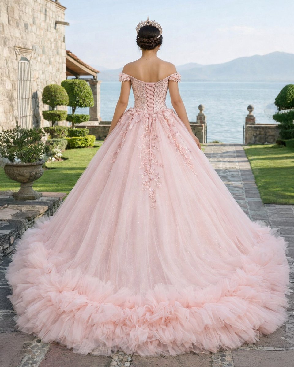 Quinceanera Ball Gown  Off-the-Shoulder  Sequined Pink Dress