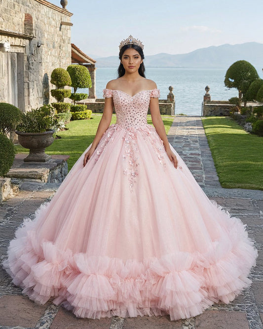 Quinceanera Ball Gown  Off-the-Shoulder  Sequined Pink Dress