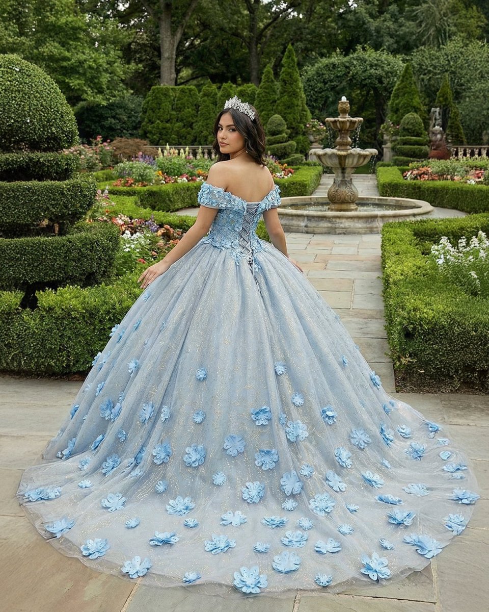 Quinceanera Blue  Off-the-Shoulder  Ball Gown Flower Dress