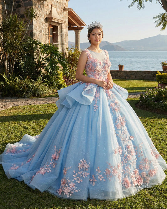 Quinceanera Sky Blue Flower Ball Gown Dress