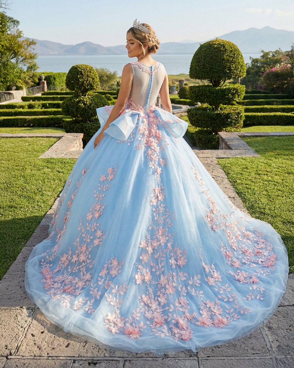 Quinceanera Sky Blue Flower Ball Gown Dress