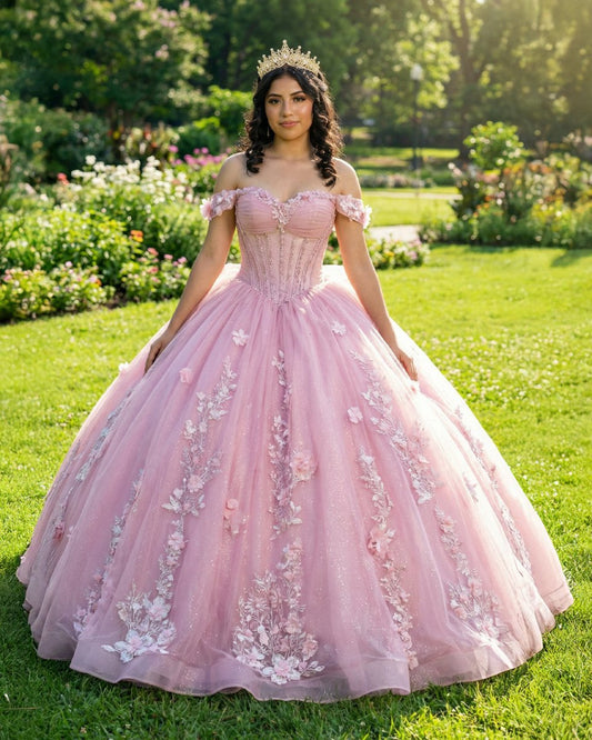 Off The Shoulder Lace Up Back Appliques Tulle Quinceanera Dress