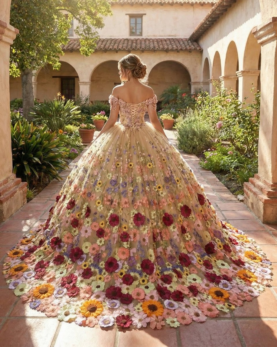 Quinceanera Flower  Off-the-Shoulder Ball Gown Dress